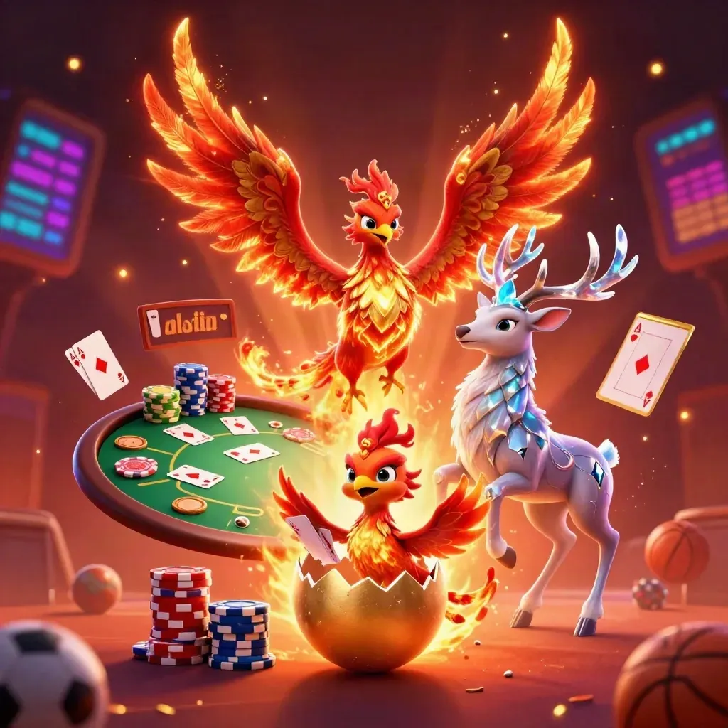 Phoenix, baby phoenix, and crystal-antler stag amid poker chips, cards, balls, and glowing casino light.