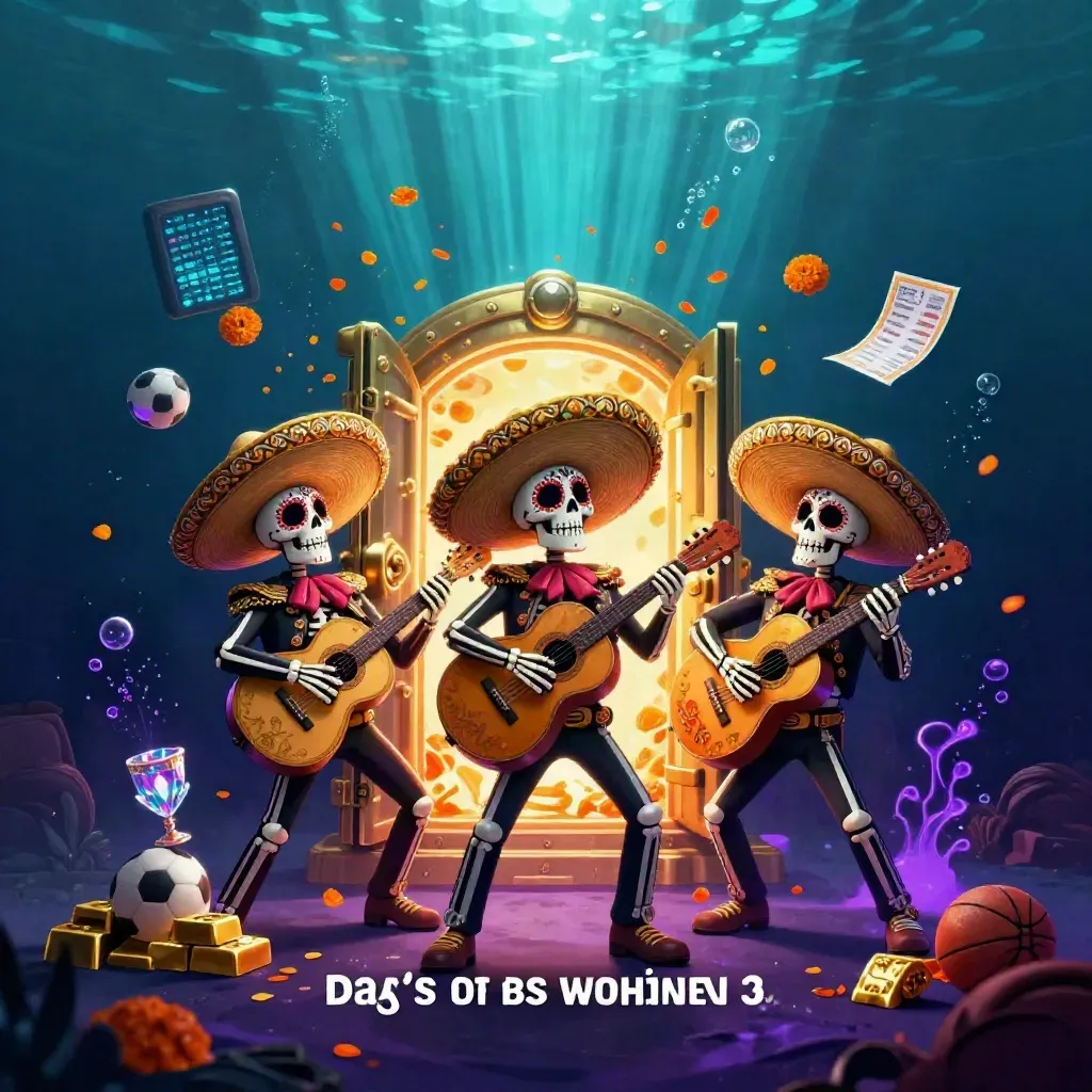 Skeleton mariachi trio in a vault explosion underwater with gold, gems, and neon glow.