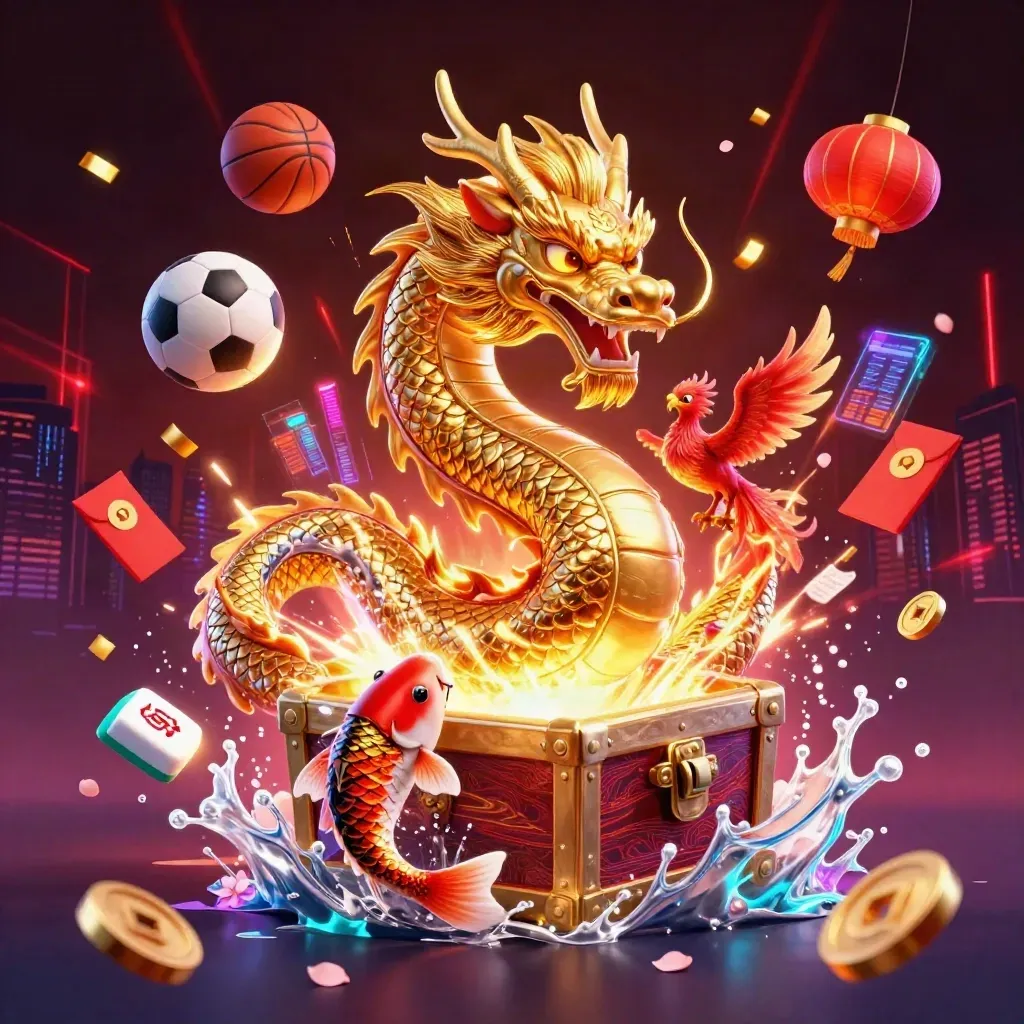 Golden dragon and phoenix amid coins, lanterns, and sports props on a dark neon skyline backdrop.
