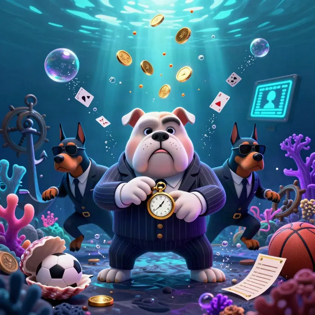 Underwater casino key art with bulldog boss, Doberman guards, coins, coral, cards, and glowing bubbles.