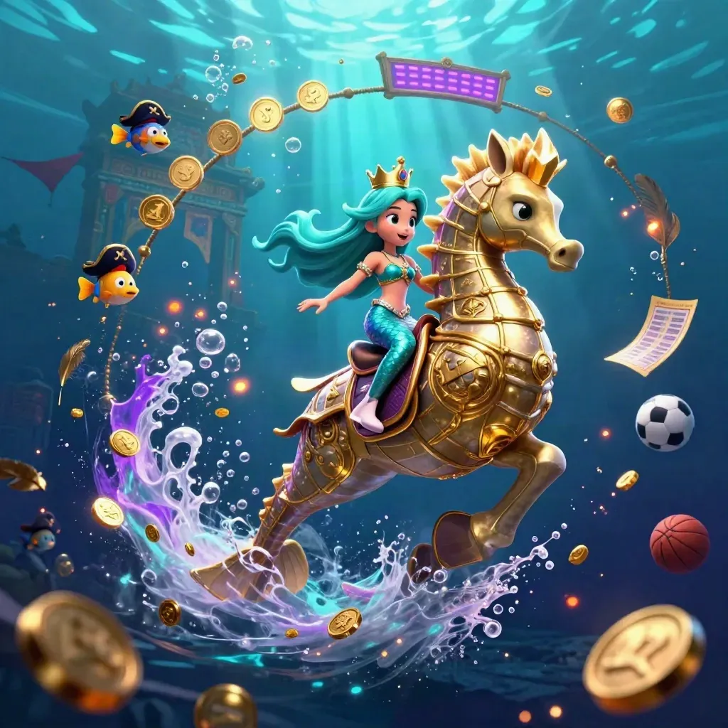 Mermaid princess riding an armored seahorse amid fish, coins, and neon underwater casino glow.