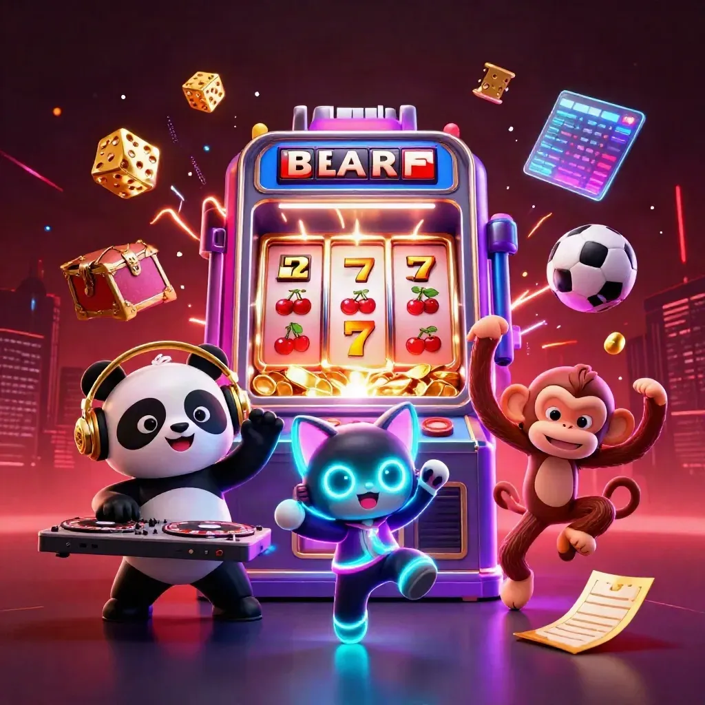 Cartoon panda, monkey, and kitten amid casino bursts, dice, gold, and neon light.