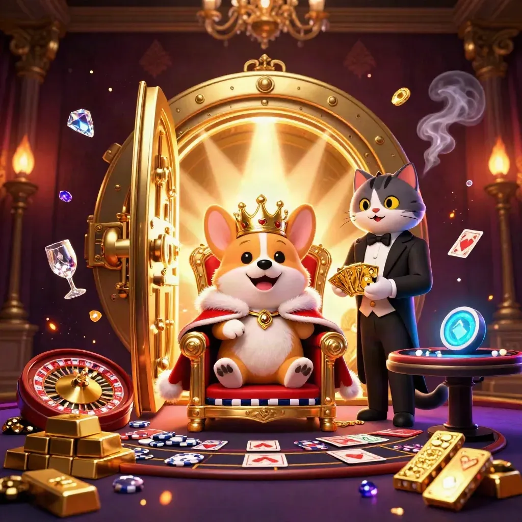 Royal corgi and cat butler in a glowing luxury casino scene with gold, gems, and dramatic light.