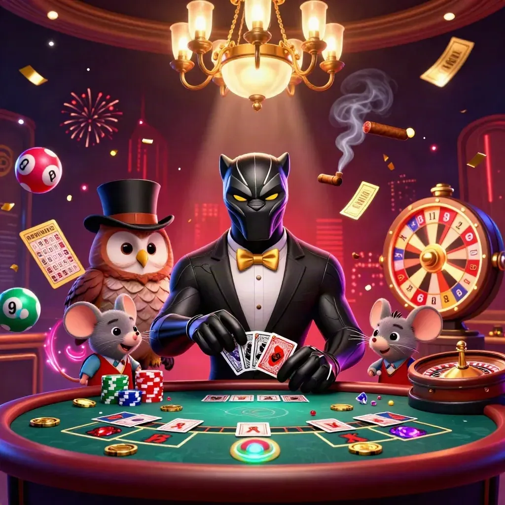 Panther, owl, and mouse in a luxe casino splash with glowing lights and flying game props.