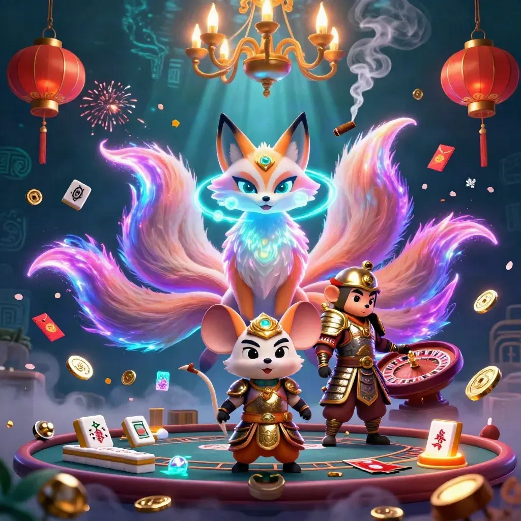 Neon fox spirit and armored mouse in a luxe casino scene with lanterns and gold glow.