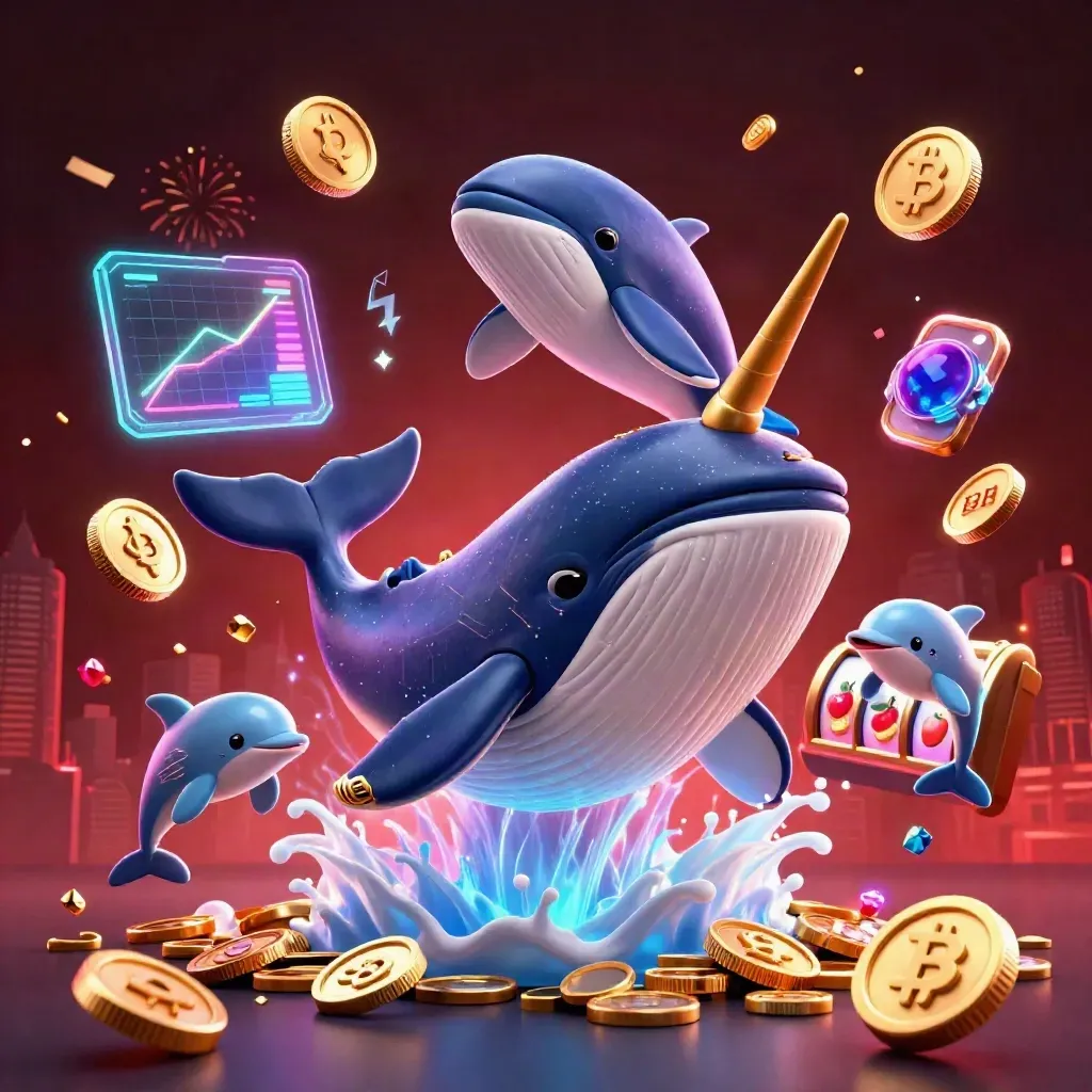 Whale captain, narwhal and dolphins burst through coins with neon crypto effects and casino energy.