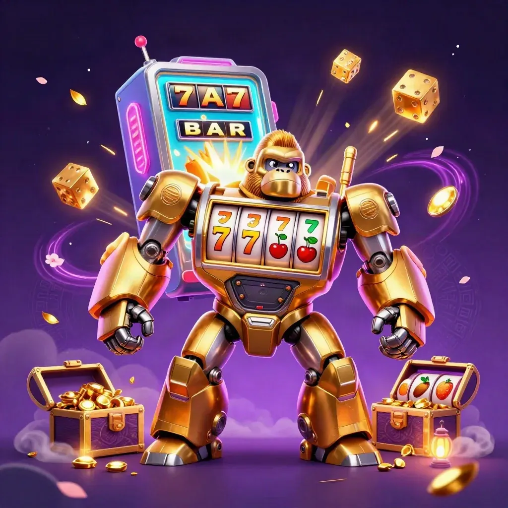 Golden gorilla mech and monkey pilot erupting from a cosmic slot machine in neon casino energy