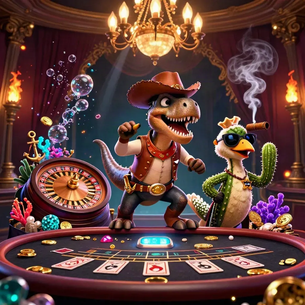 Cowboy T-Rex, cactus, and roadrunner amid casino treasure, roulette spin, and chandeliers.