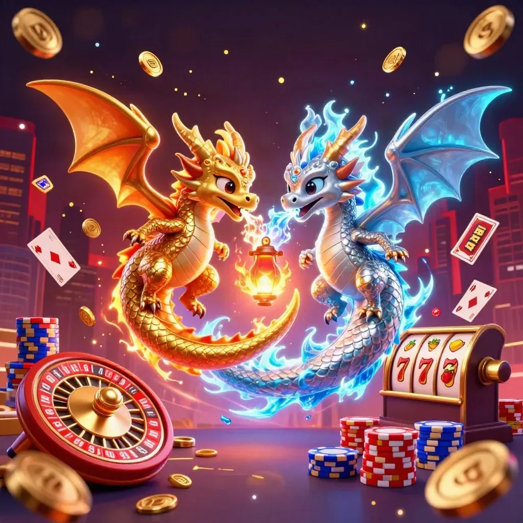 Twin gold and silver dragons spiral around a lantern spirit amid coins, gems, chips, and glowing casino effects.