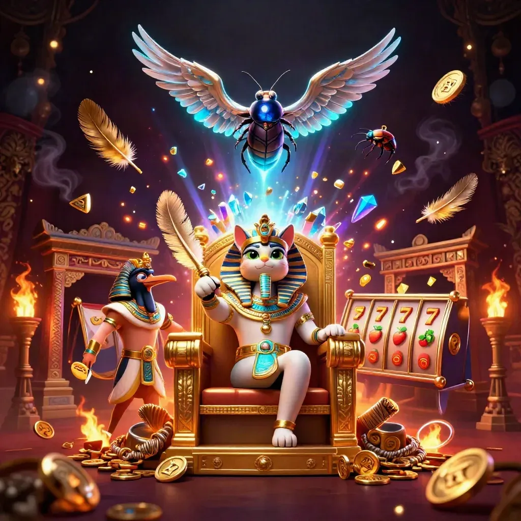 Pharaoh cat, ibis scribe, and gem-wing scarabs amid casino treasure and cyan glow.