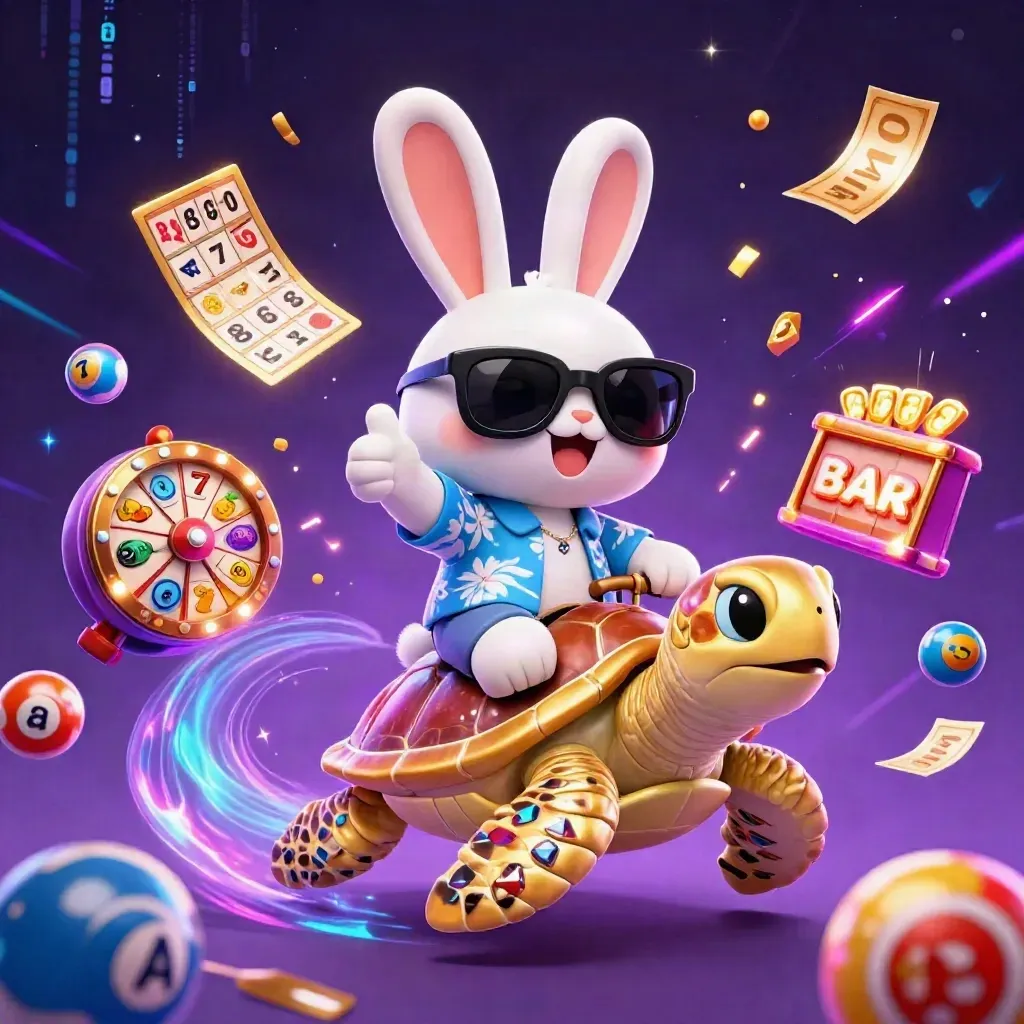 Lucky rabbit on a golden sea turtle with casino props bursting in neon space.