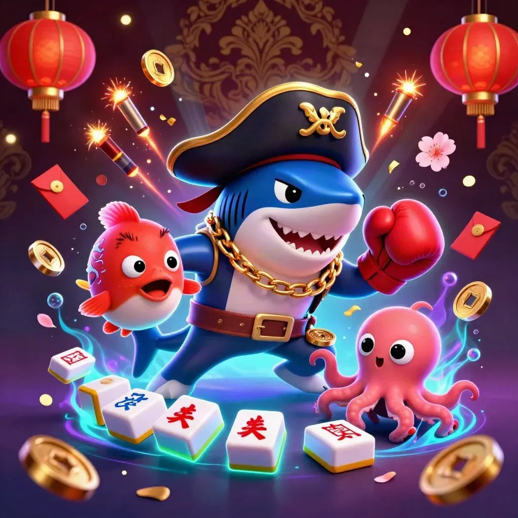 Pirate shark, boxing pufferfish, and coin-juggling octopus amid neon casino treasure