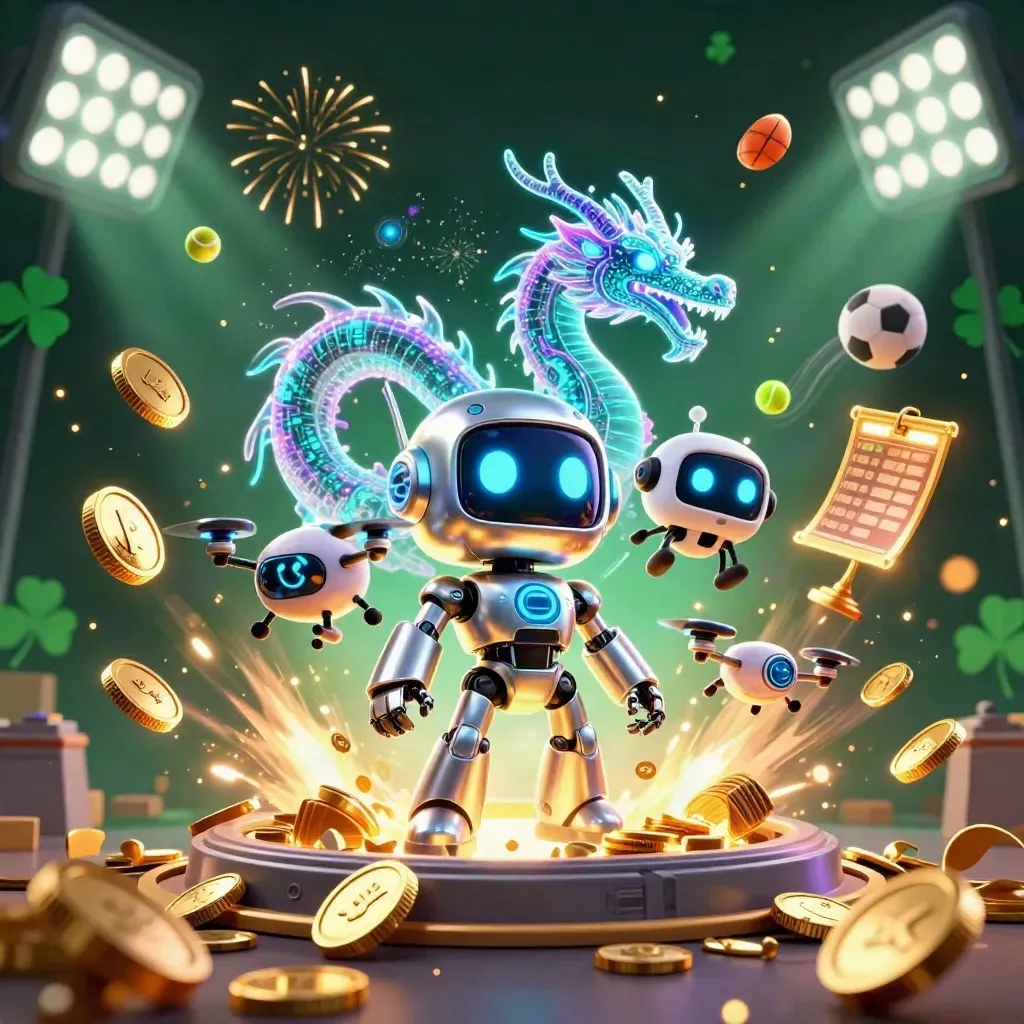Cyberpunk robot, holographic dragon and coin drone amid coins, trophy, balls and fireworks