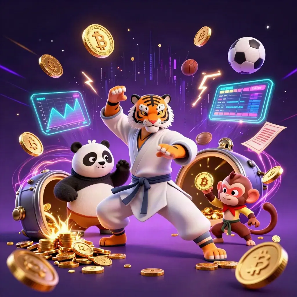 Kung-fu tiger, panda, and monkey amid vault burst, coins, lightning, and fireworks.