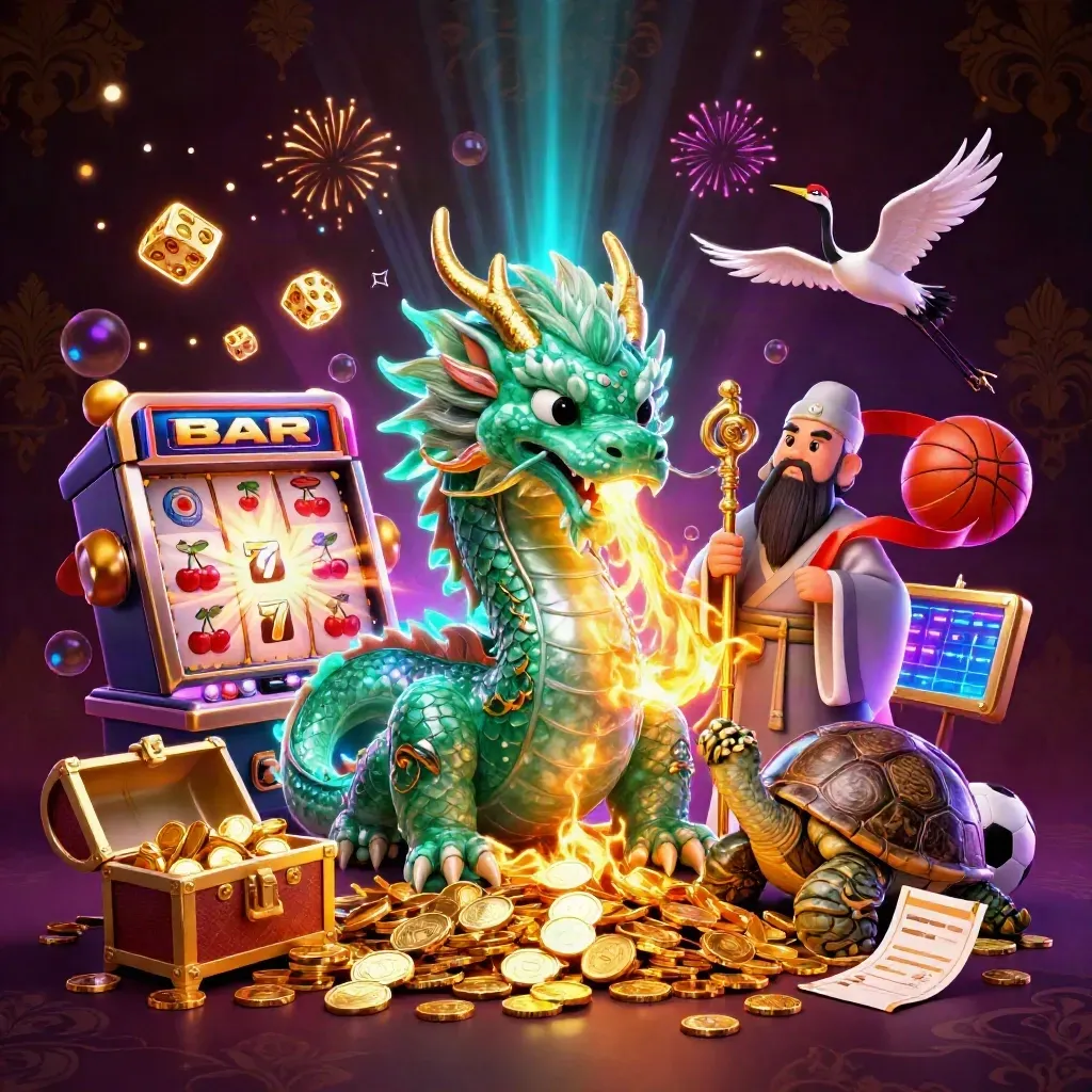Emerald dragon, turtle sage and cranes amid casino jackpot burst, gold coins, and neon sports symbols.