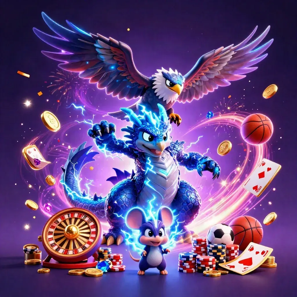 Thunder dragon, wind hawk and static mouse amid coins, gems and fireworks in neon casino key art.