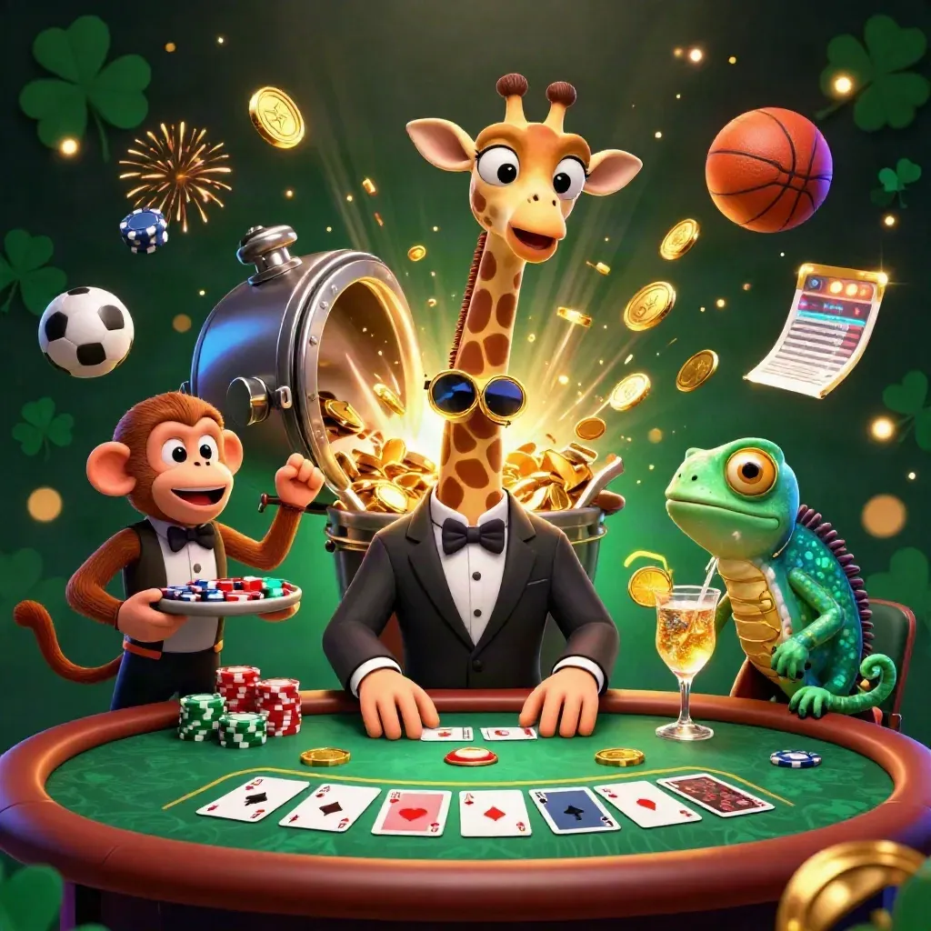 Giraffe, monkey, and chameleon in a casino celebration with coins, chips, and fireworks.
