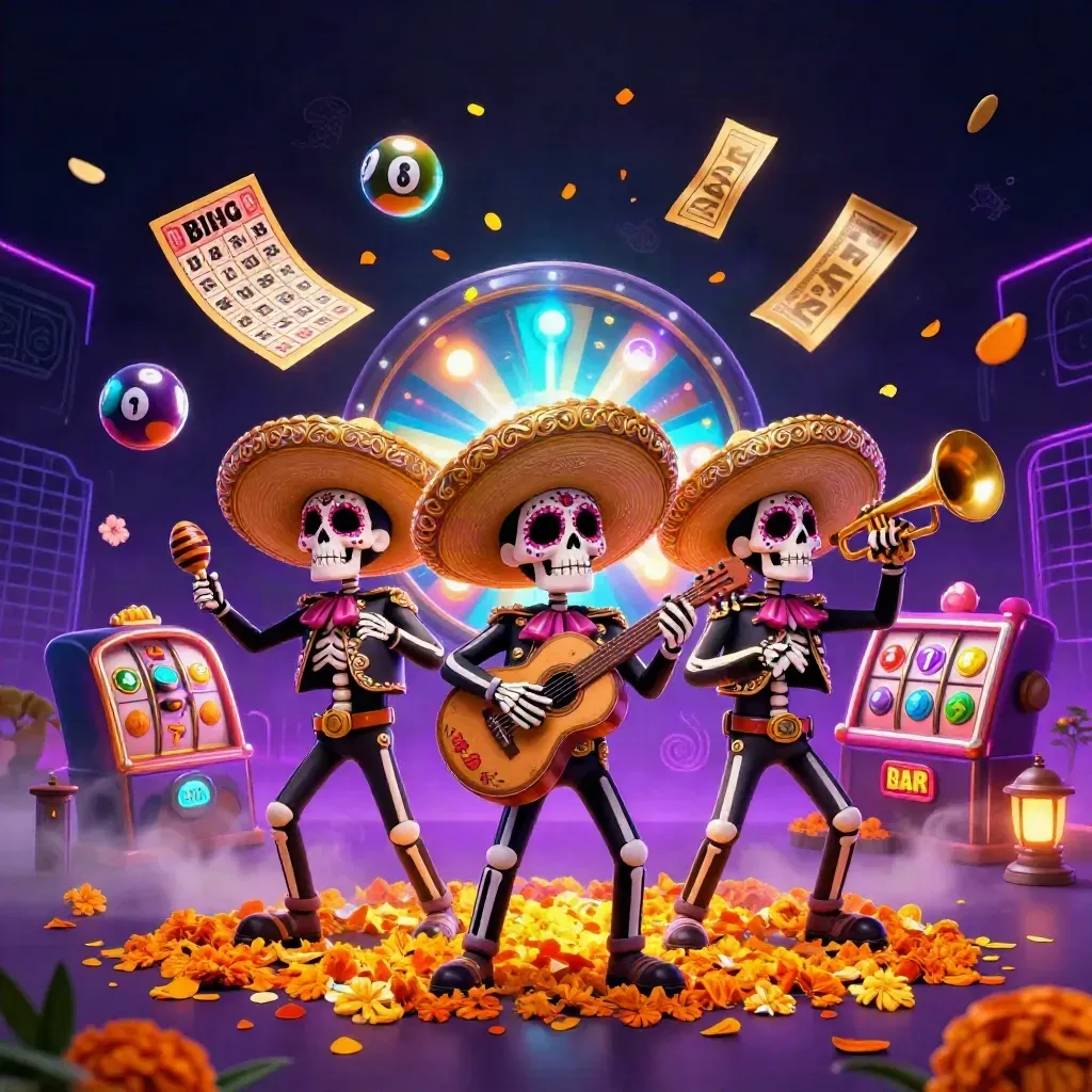 Skeleton mariachi trio amid neon casino effects, bingo, reels, and glowing petals