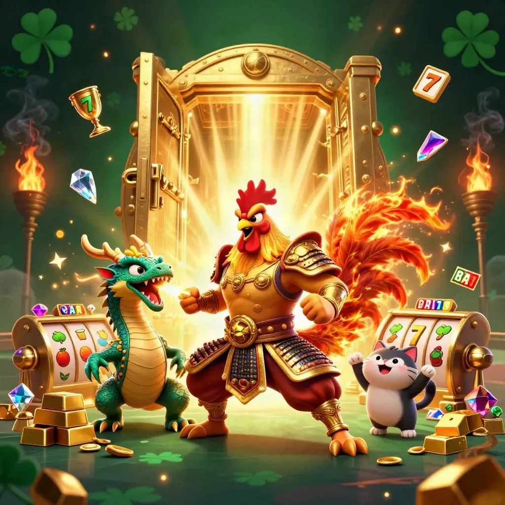 Rooster samurai, dragon hatchling, and lucky cat amid a bursting treasure vault and casino reels.