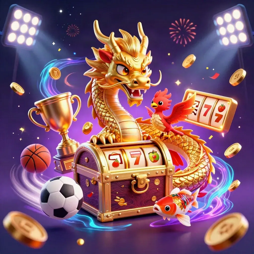 Golden dragon, phoenix, koi, trophy, sports balls, reels, and cosmic casino effects on a dark neon background.