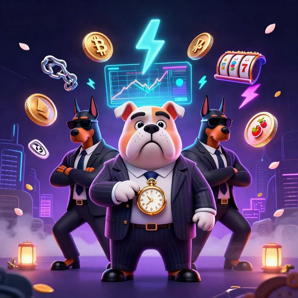 Bulldog boss with two bodyguards amid neon coins, reels, lightning, petals, and a dark futuristic casino backdrop.