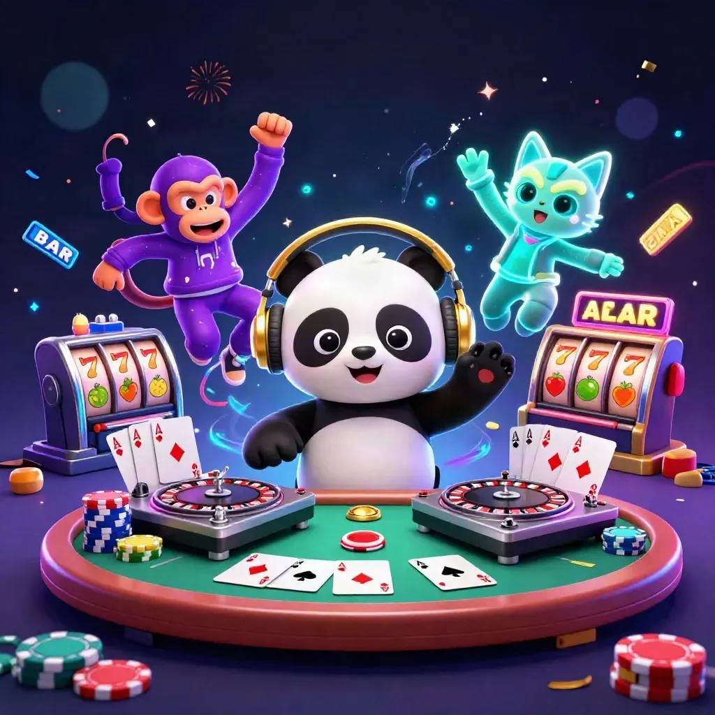 DJ panda, monkey, and glow kitten at a neon casino poker table with chips, reels, and fireworks.