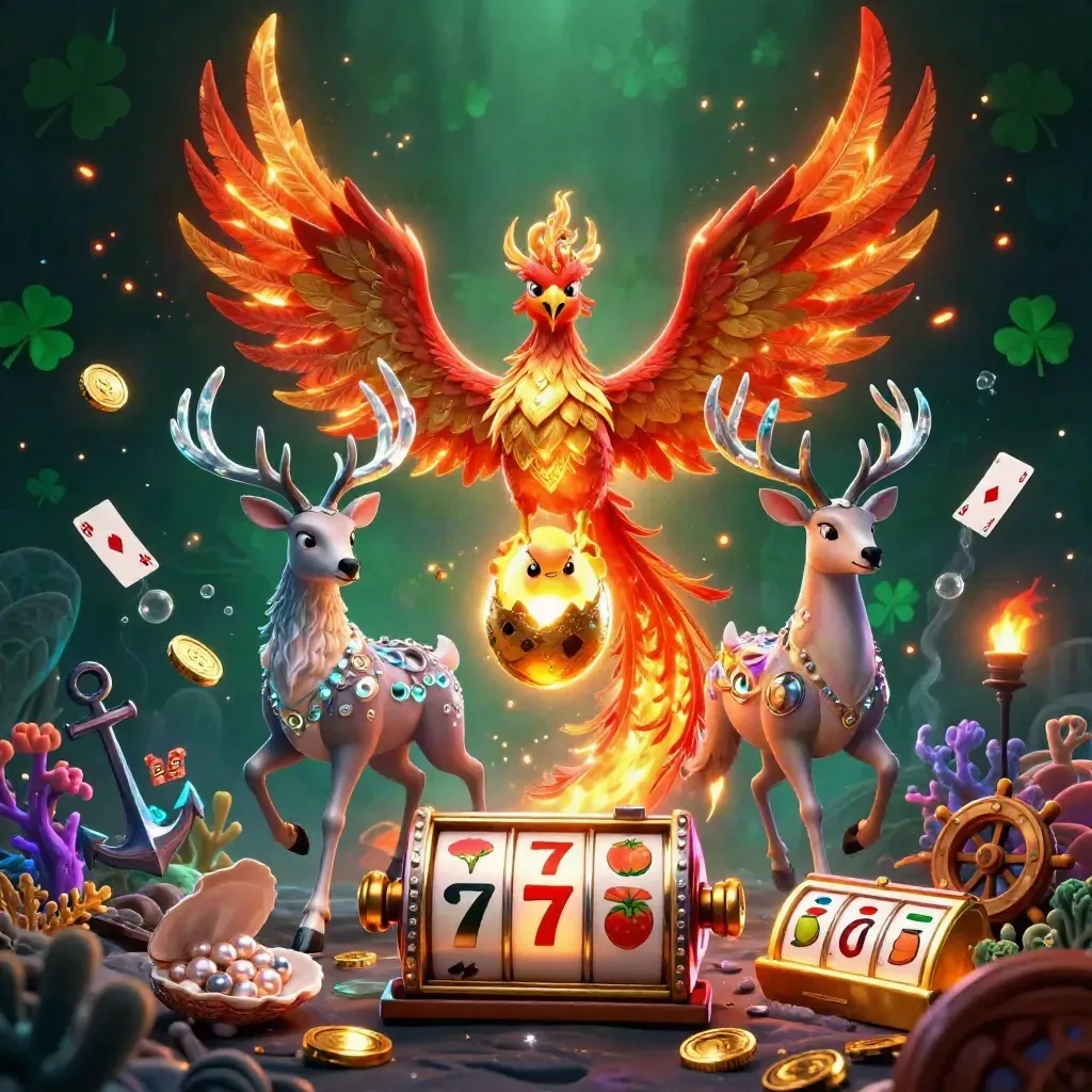 Fire phoenix, hatching baby phoenix, and crystalline stag amid casino treasure and neon sparks.