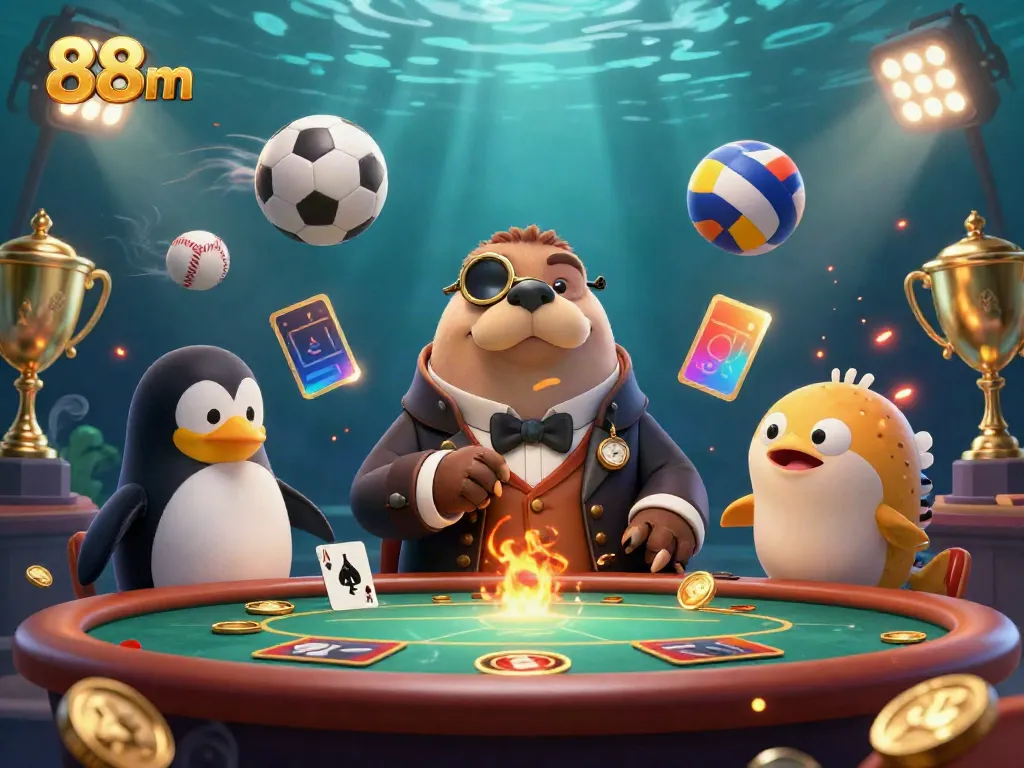 Engaging underwater scene with a jolly walrus and sophisticated dealer at an 88m poker table, surrounded by dynamic sports elements.