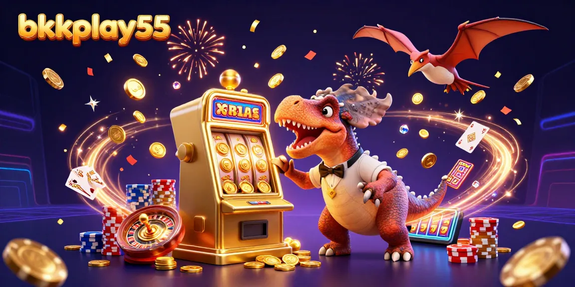 Experience the vibrant action at bkkplay55 as a pachycephalosaurus spins a slot machine for jackpot coins amidst thrilling casino elements.