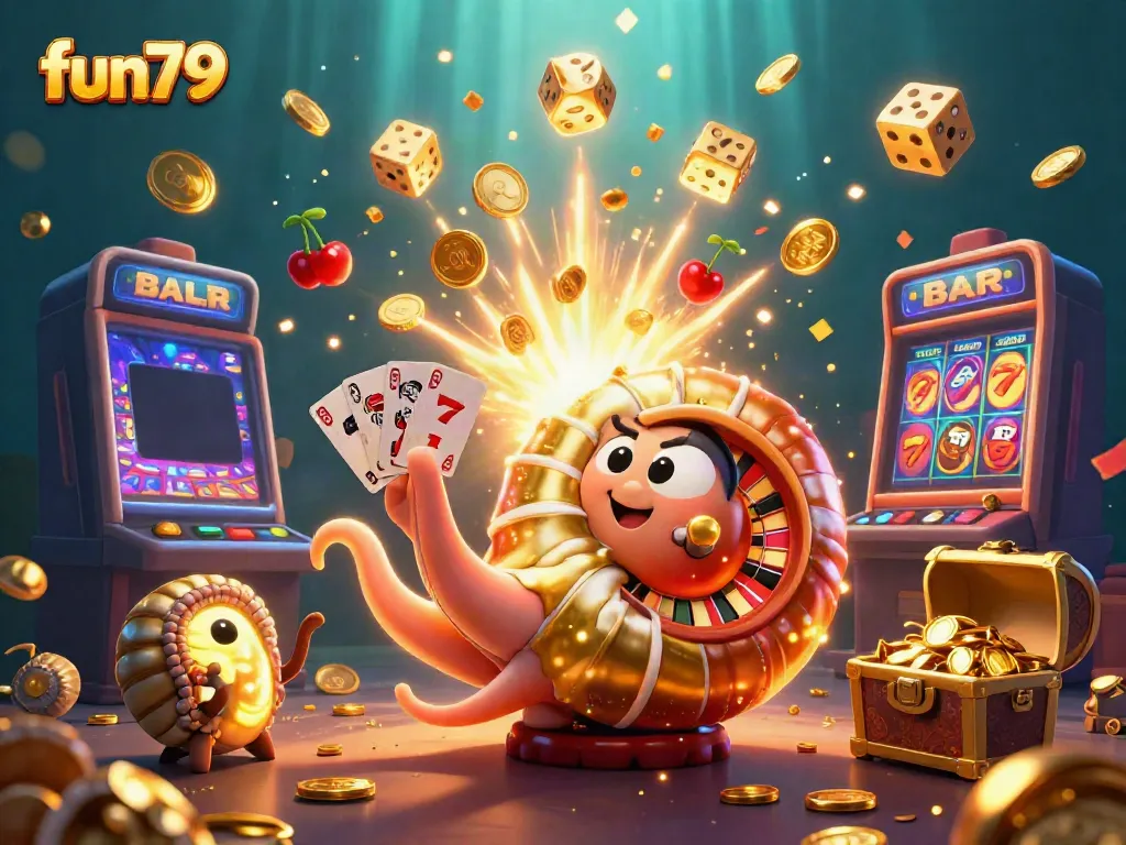 Experience the excitement of fun79 with a vibrant casino scene, featuring a giant nautilus roulette and magical wins.