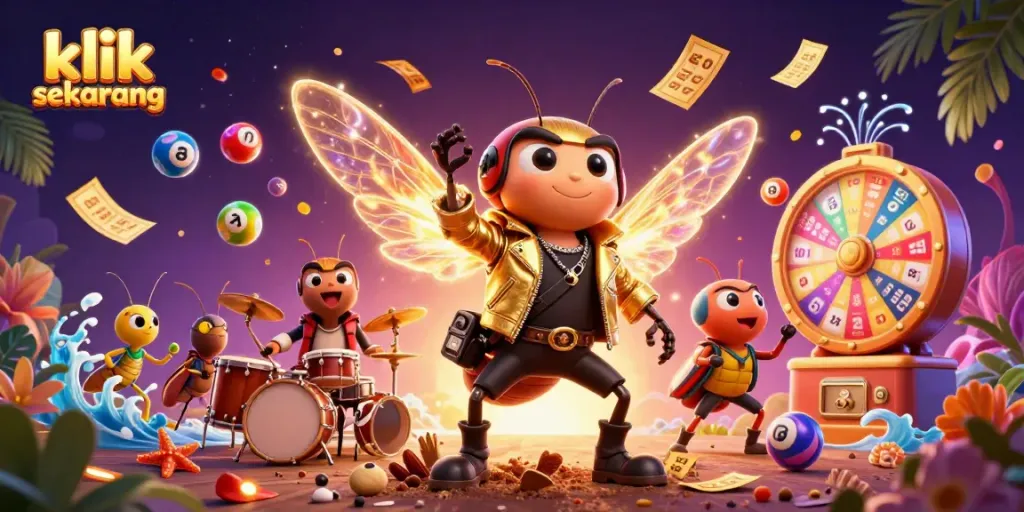 Klik sekarang pada ilustrasi kasino yang menampilkan cicada rocker dan elemen perjudian berwarna-warni.