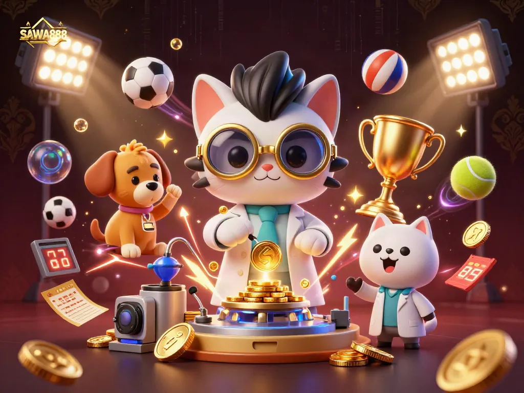SAWA888 brings sports betting to life with vibrant characters and dynamic elements in a 3D illustration.