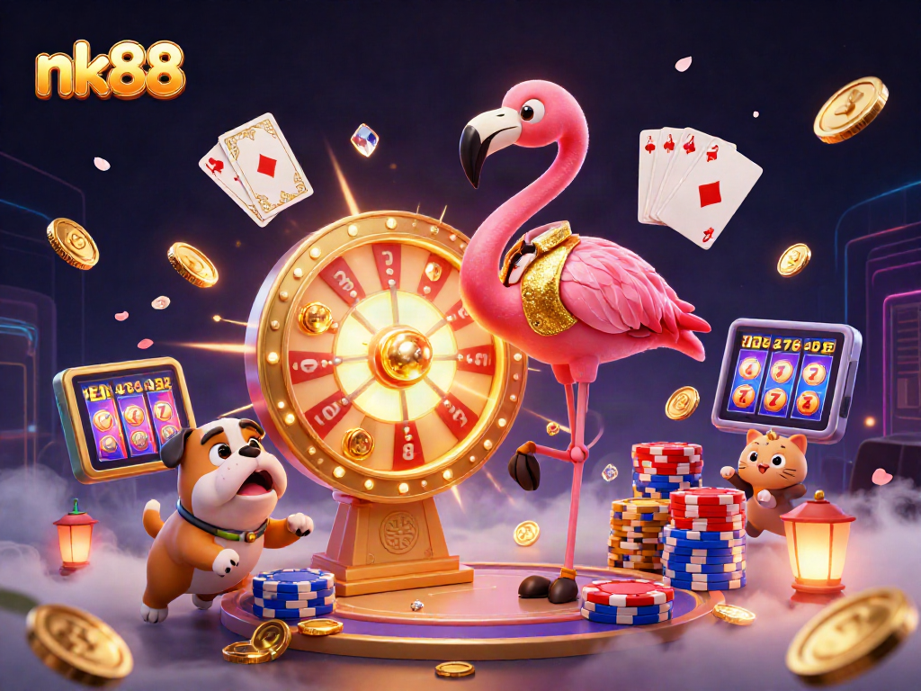 Spin the golden prize wheel with nk88 while vibrant coins and jewels explode around in a thrilling casino scene.