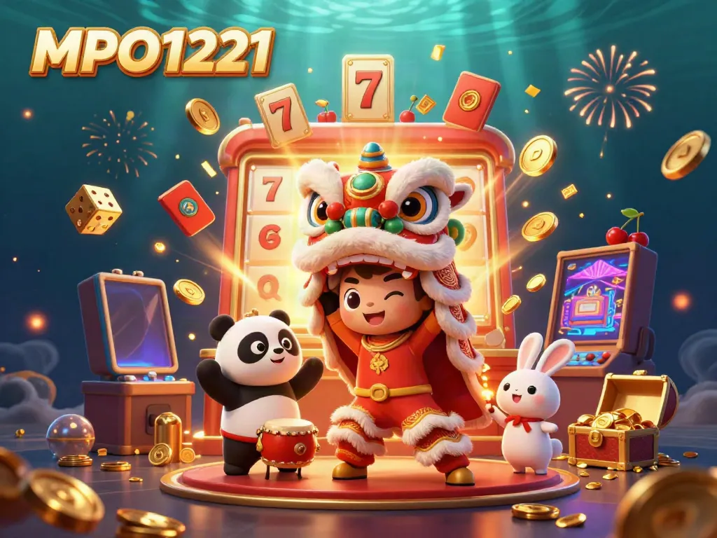 Experience MPO1221 with lively characters dancing amidst a jackpot of casino symbols and golden coins.