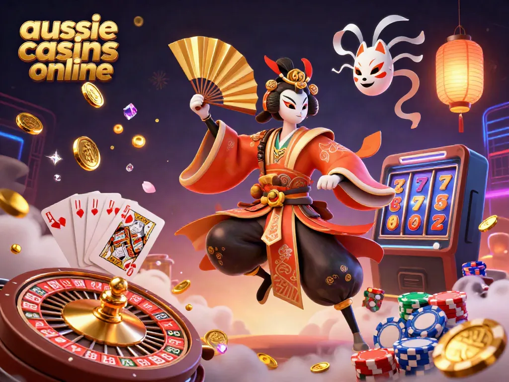 A stunning illustration of aussie casinos online featuring a kabuki warrior crane and vibrant casino elements.