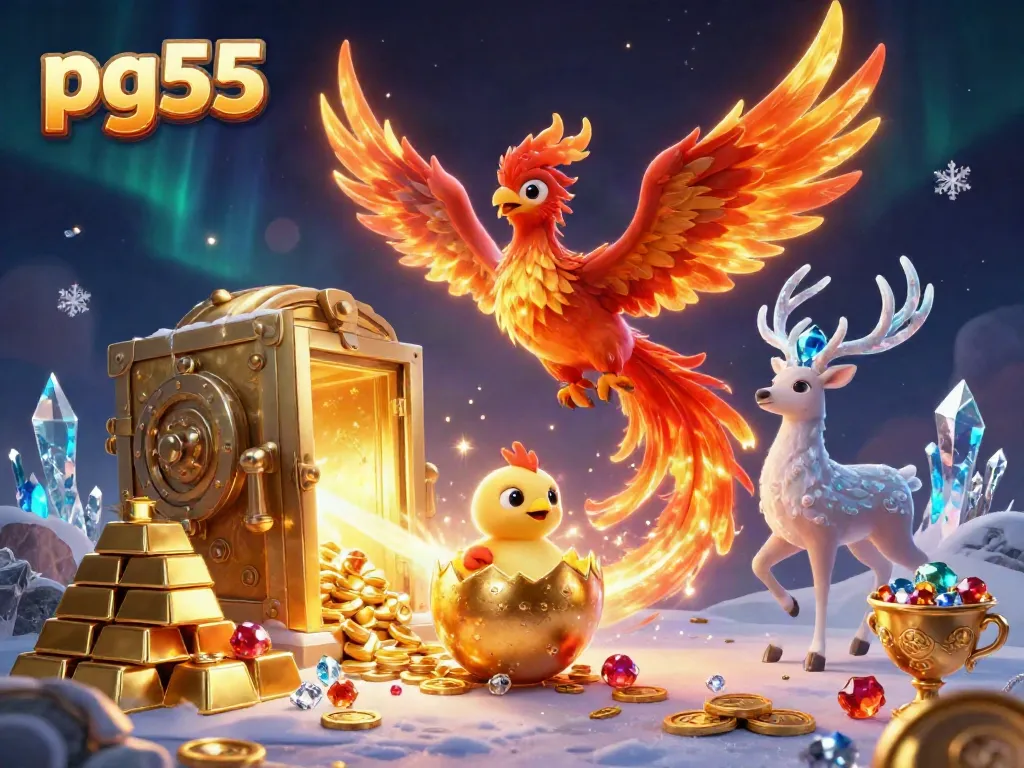 Experience thrilling gameplay at PG55 featuring a phoenix soaring amidst treasures, showcasing the excitement of winning.