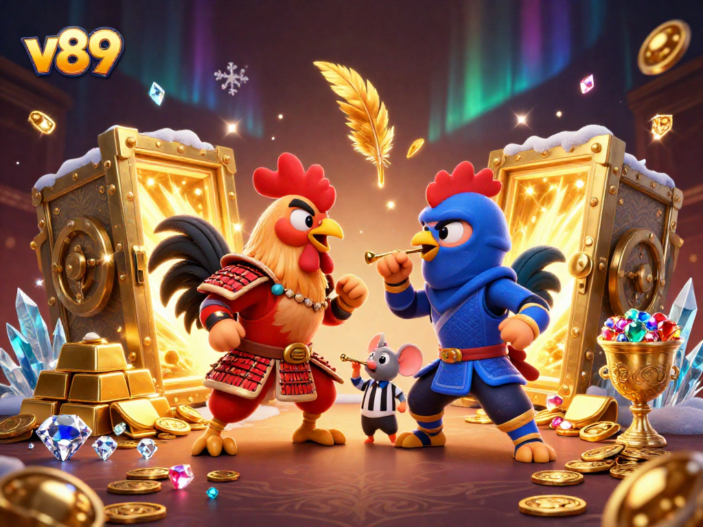 Mainkan v89 dengan ayam bertarung di arena kasino yang dikelilingi harta karun