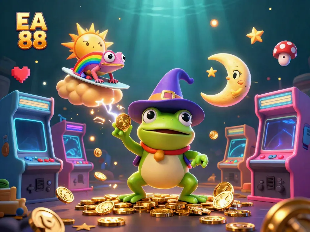 Experience thrilling gameplay with EA 88, featuring vibrant characters and gold coins in a casino-themed scene.