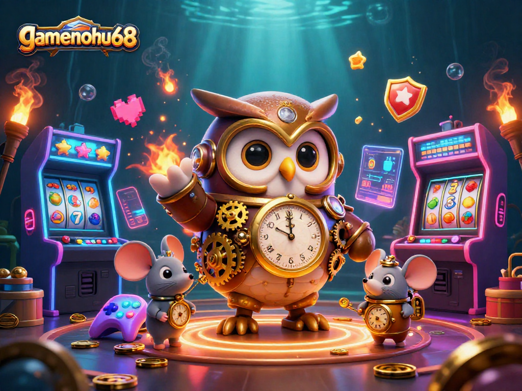 Engage in thrilling slots with gamenohu68's steampunk owl amidst vibrant casino elements.