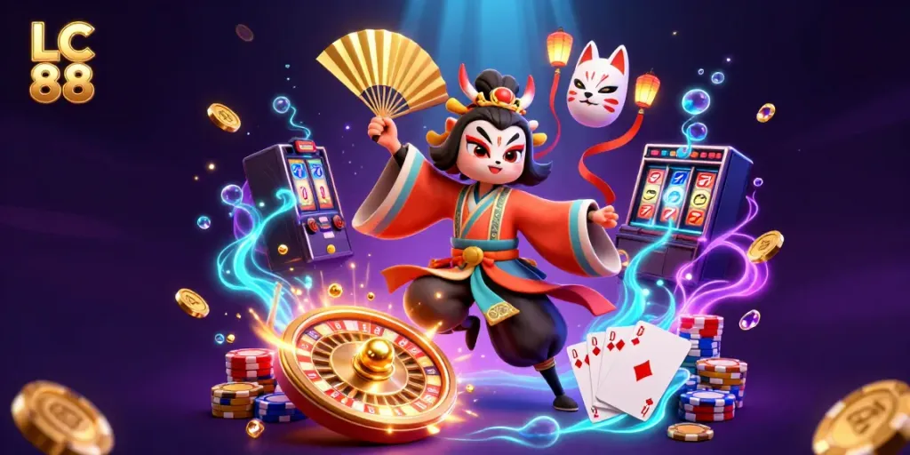 Experience the vibrant energy of LC 88 with rich 3D characters, casino elements, and glowing effects in this stunning illustration.