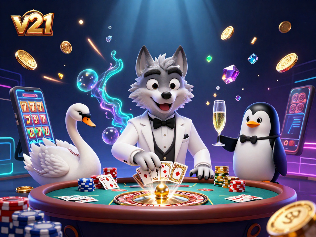 V21 menghadirkan suasana kasino dengan karakter unik dan permainan slot yang menarik untuk para pemain.