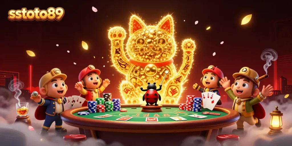 sstoto89 menarik perhatian dengan ilustrasi kucing keberuntungan dan simbol kasino yang dinamis.