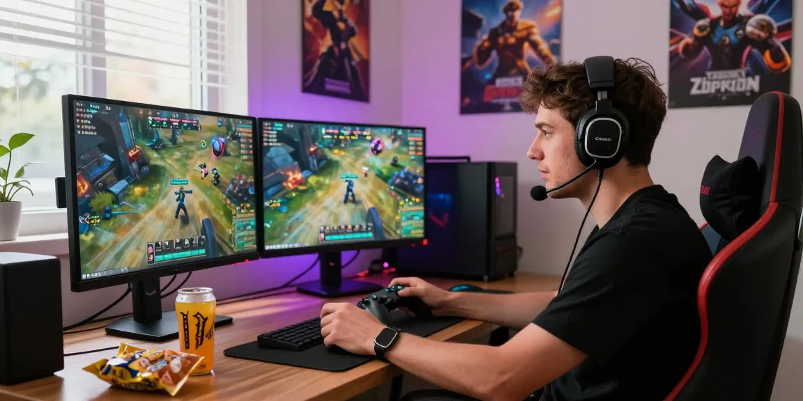 Gamer immersed in action on go8 platform in colorful gaming setup.