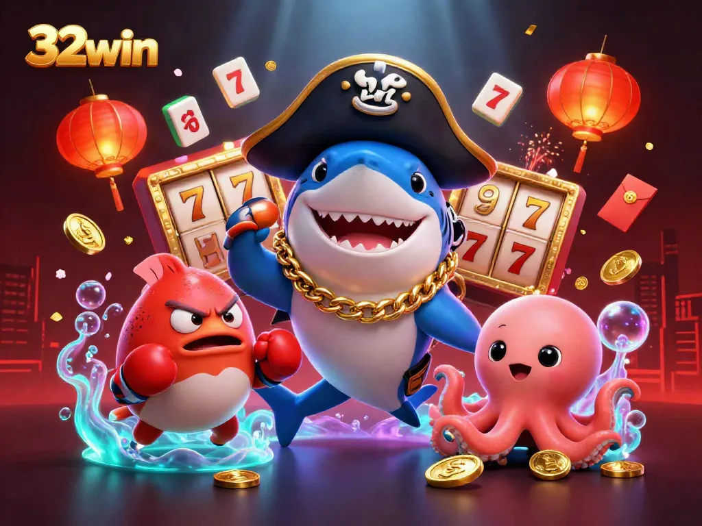 Engage with 32win's exciting slot games, featuring lively cartoon characters in a festive casino scene.