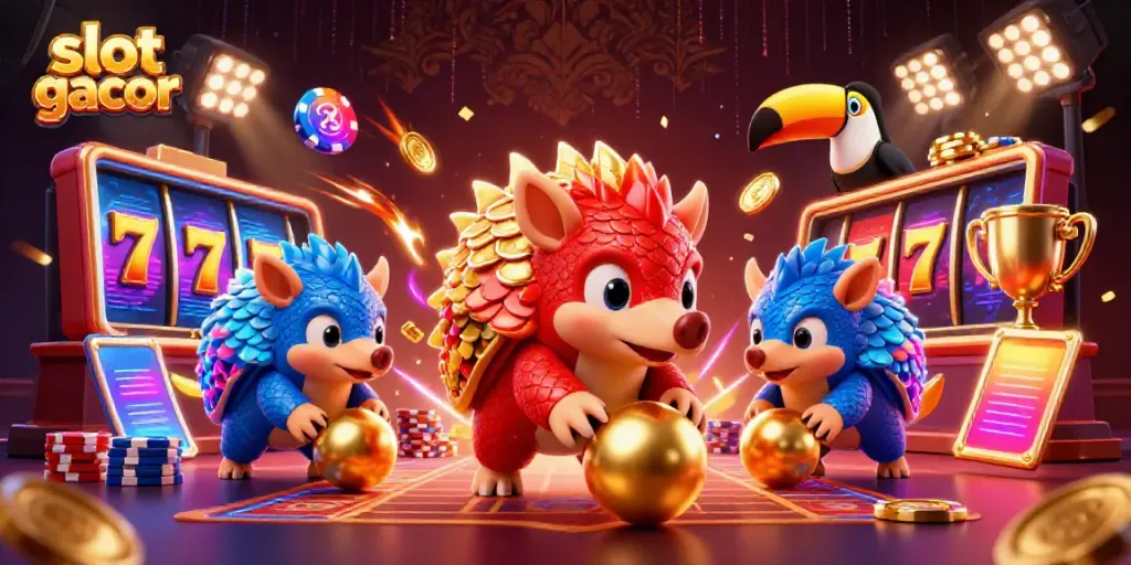 Engage in slot gacor thrills with vibrant cartoon pangolins in an energetic casino scene.