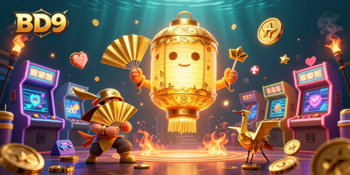Experience BD9's vibrant gaming adventure with golden lantern spirits and arcade games.