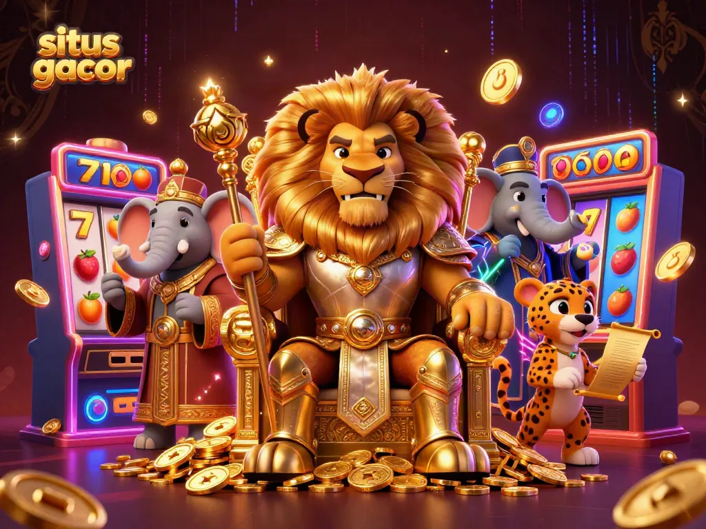 Engage in the thrilling world of situs gacor with a fierce lion king, advisor elephant, and swift cheetah amongst vibrant slot machines.
