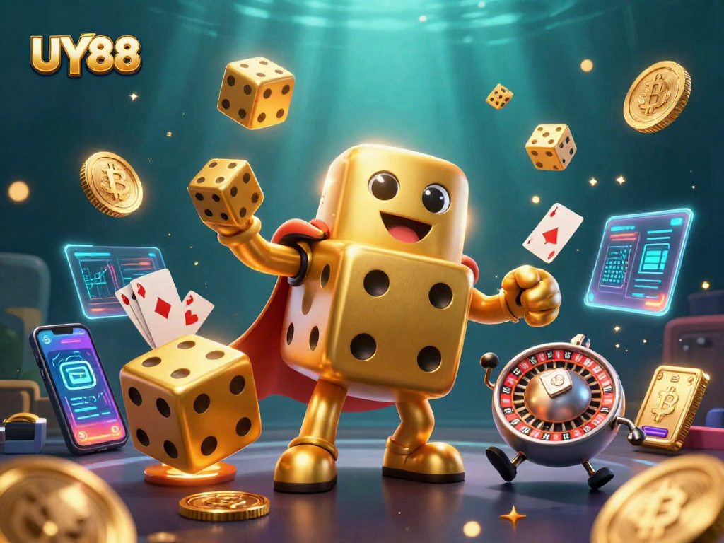 Engage with UY88's thrilling games featuring a golden dice golem amid vibrant casino elements.