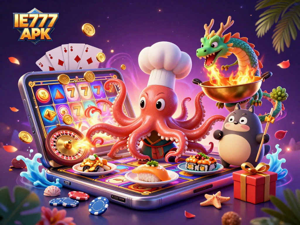 Play exciting slot games with IE777 APK, featuring an octopus chef and dynamic casino elements.