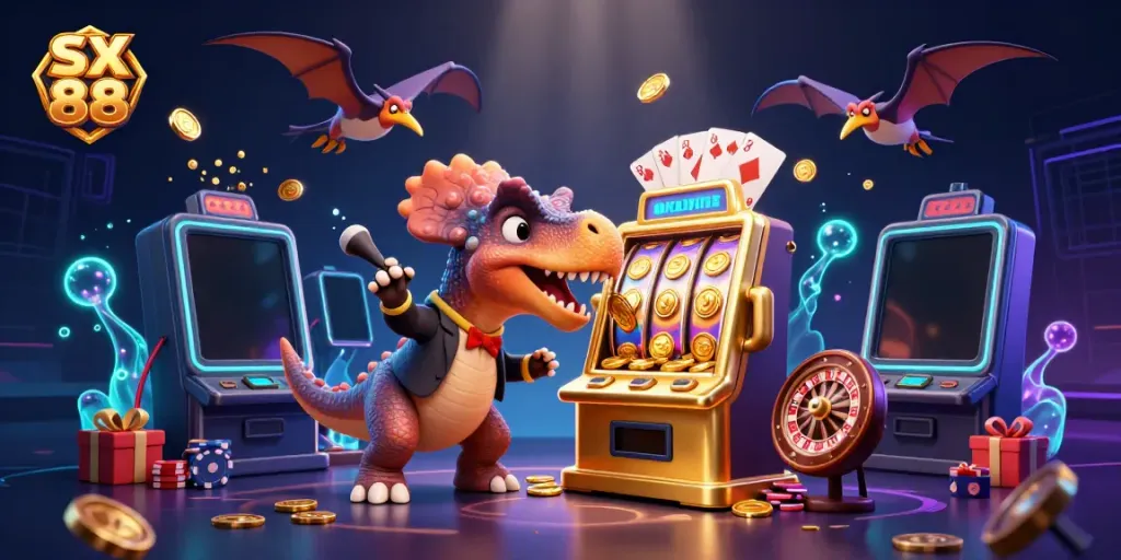 A cartoon pachycephalosaurus wins jackpot coins at SX 88 online casino, with casino elements flying around.